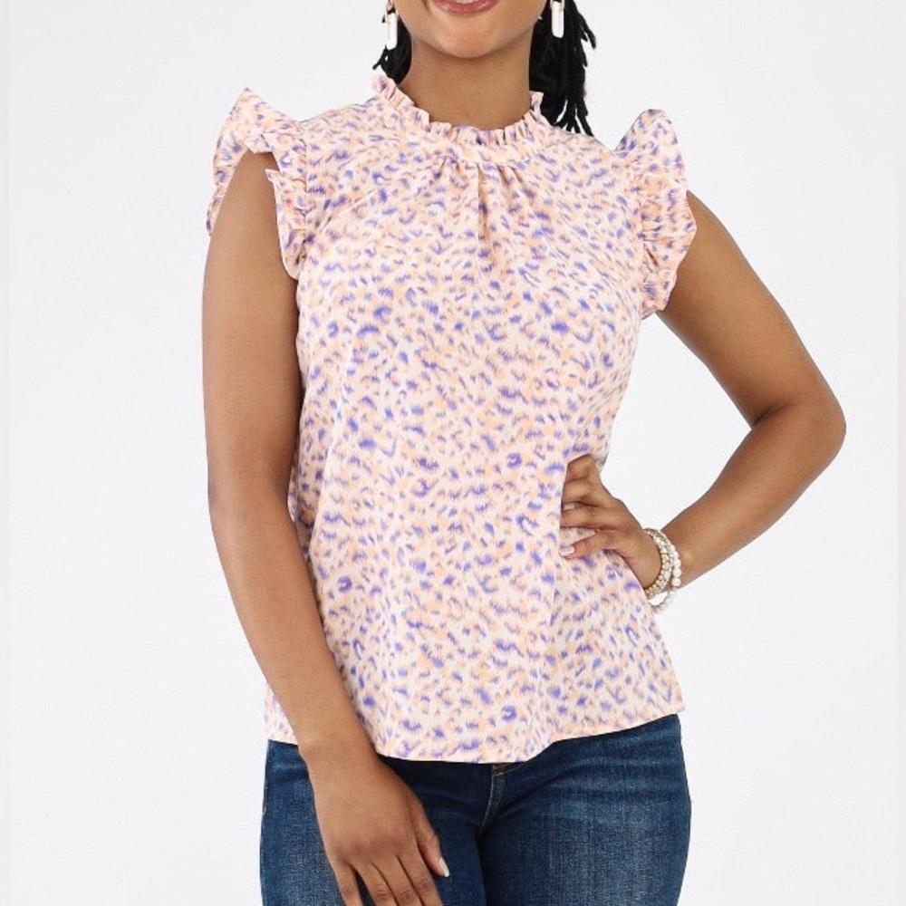 THML Sheer Pink and Purple Ruffle Sleeve Blouse